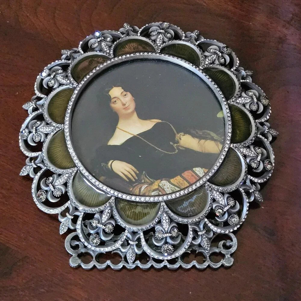 RARE JAY STRONGWATER GREEN FLEUR DE LIS TIARA SCROLL CRYSTAL ENAMEL ROUND FRAME